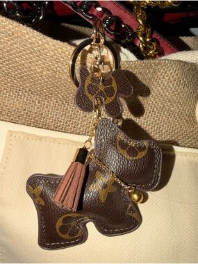 Brown Leather Dog Charm Keychain with Tassel